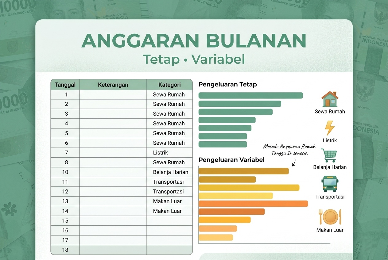 Kalender anggaran bulanan dengan kelompok pengeluaran tetap dan variabel