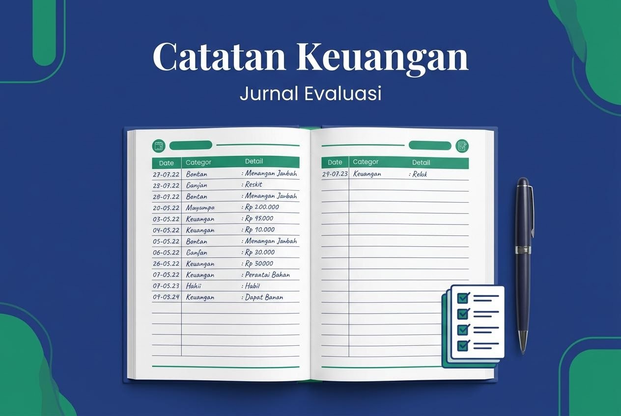 Buku catatan keuangan terbuka dengan baris tanggal dan kategori