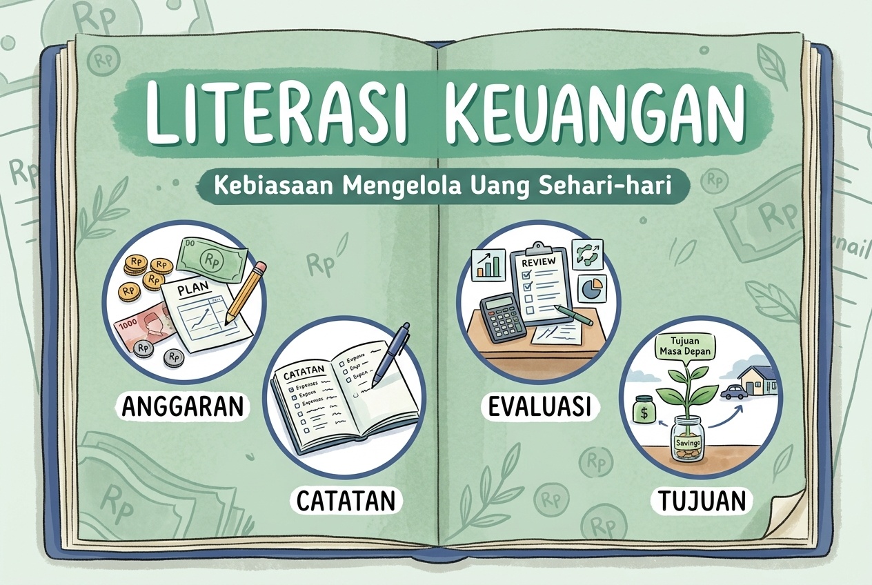Halaman jurnal dengan empat ikon kebiasaan mengelola uang