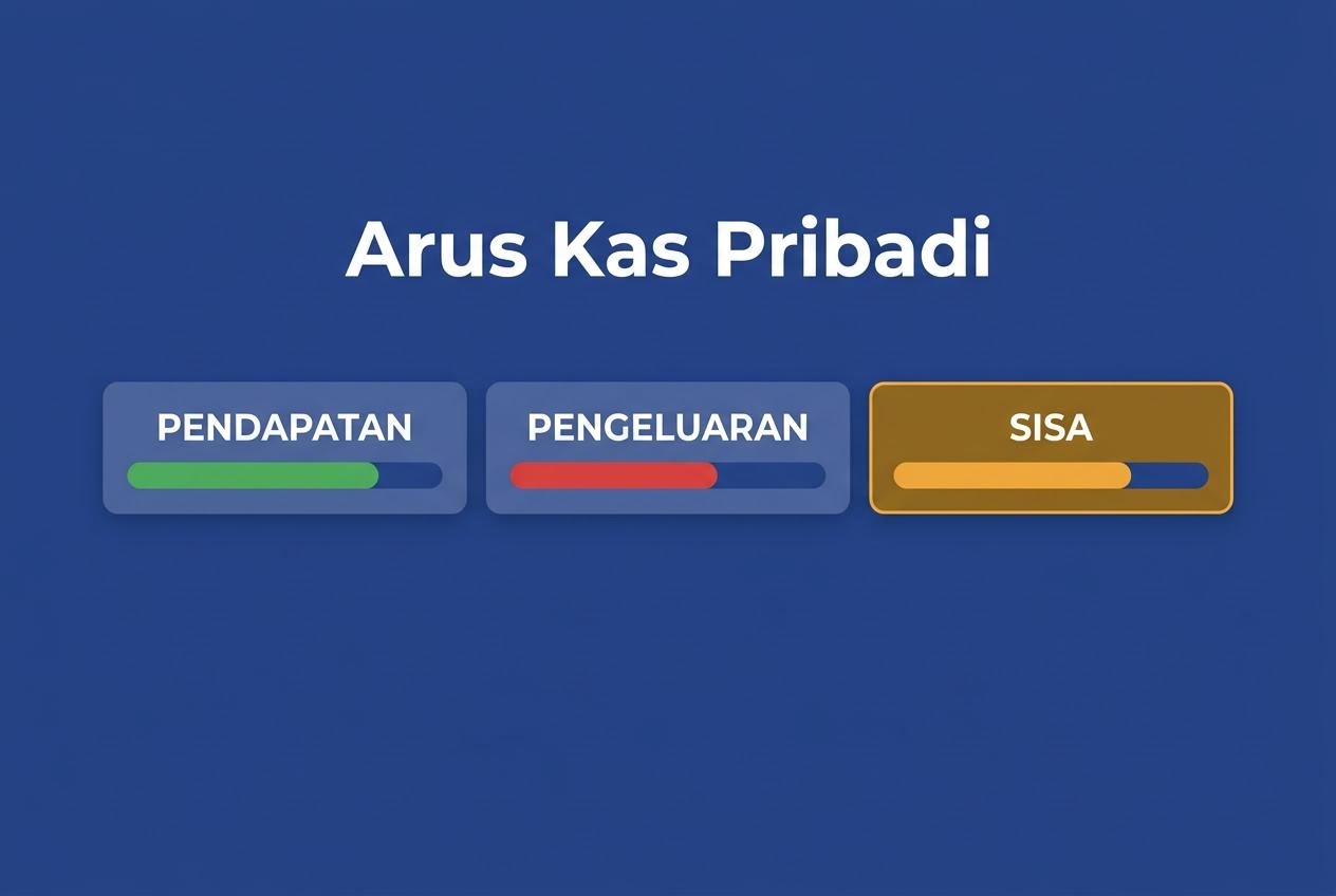 Tiga kotak pendapatan pengeluaran dan sisa dengan bar keseimbangan